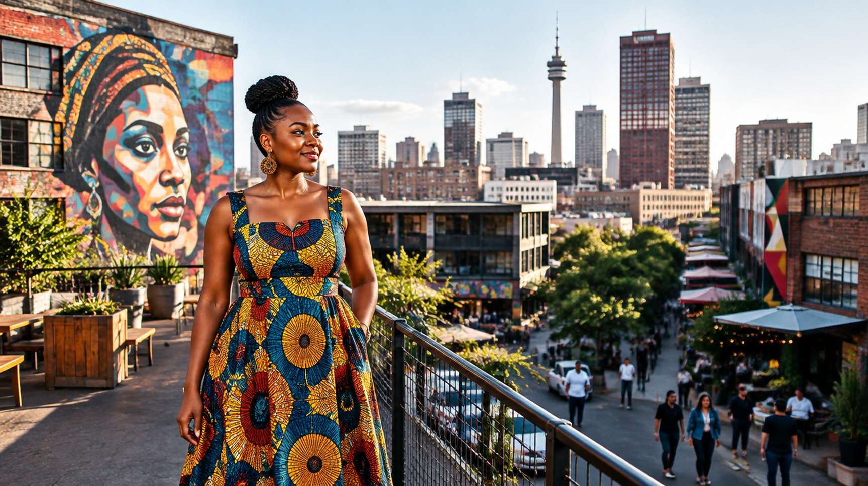 The Nala wrap dress in blue and ochre print