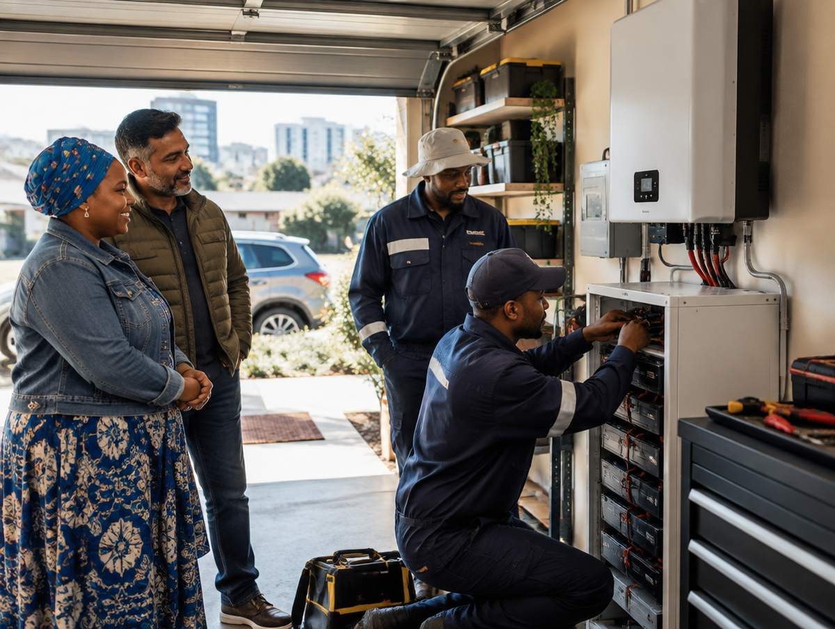 A neat inverter and battery installation in a Halfway House garage