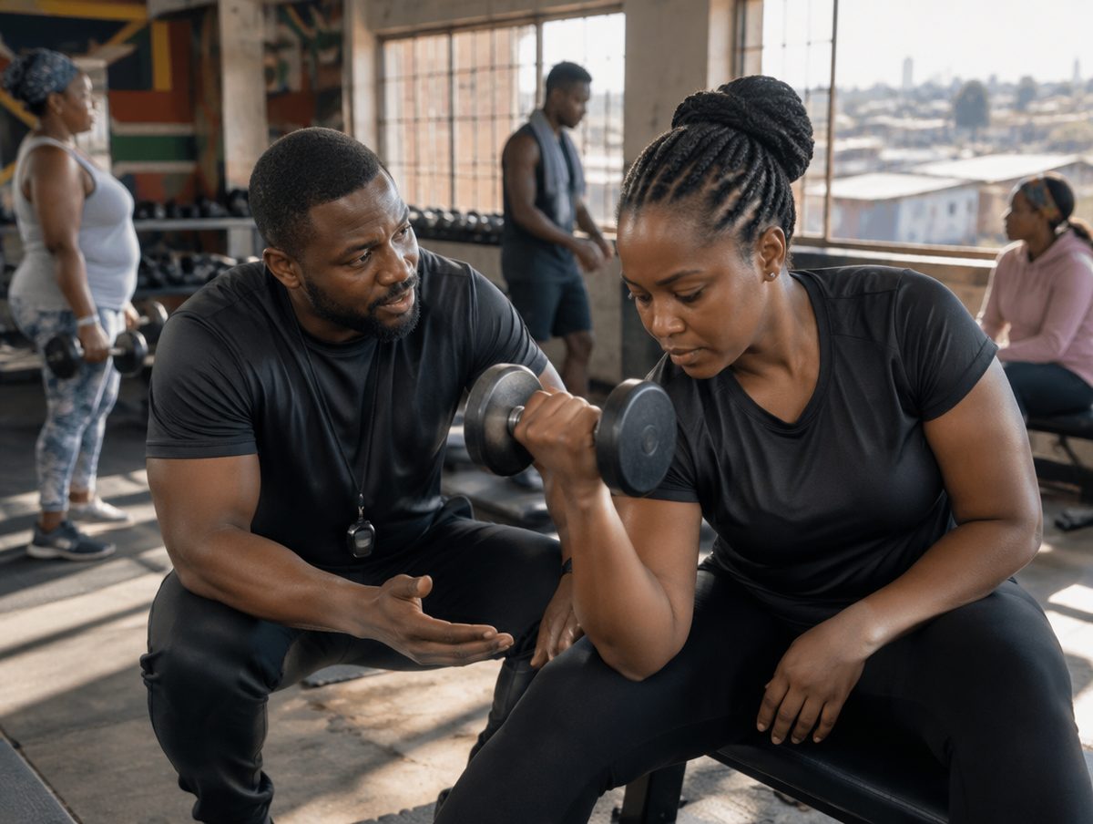 Coach Palesa on the weights floor